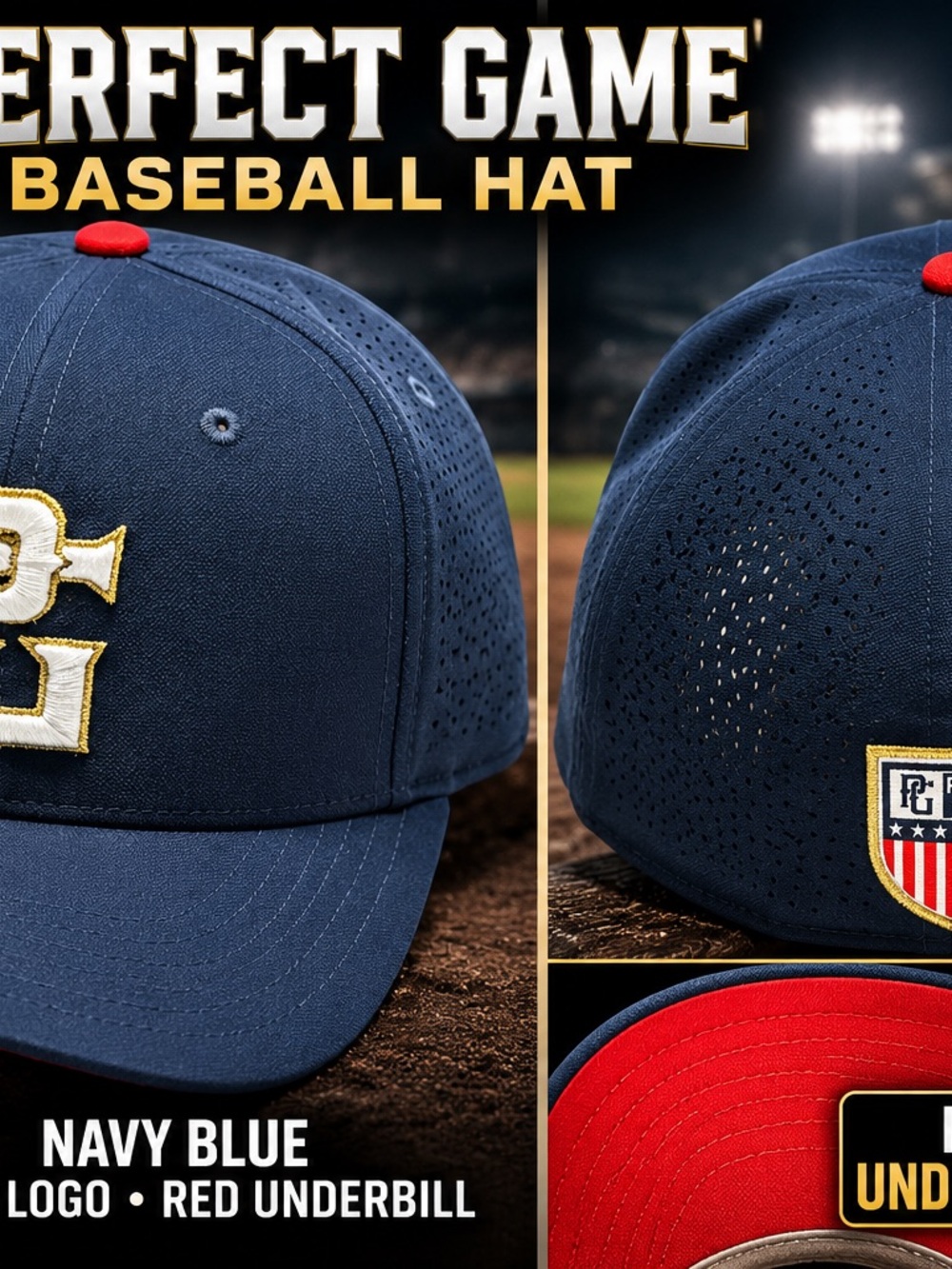 Perfect Game PG Baseball Hat Cap M/L Navy Gold Logo Red Underbill Performance